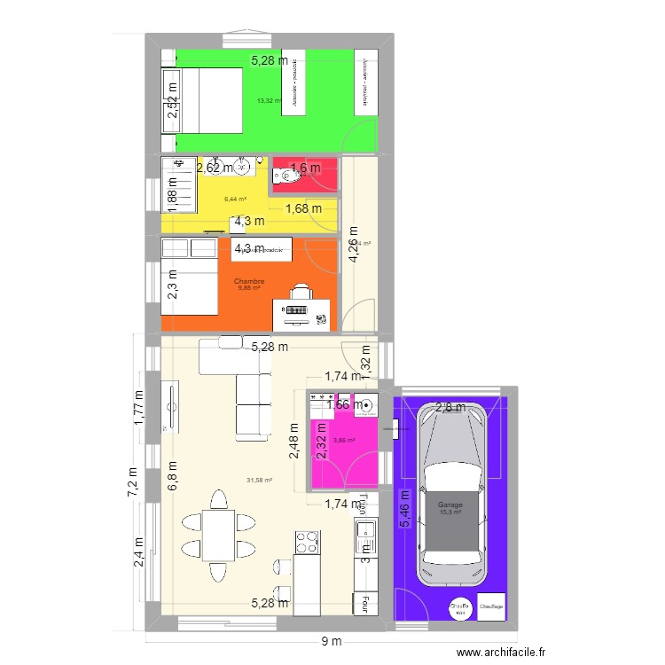 plan en longueur 2. Plan de 8 pièces et 86 m2
