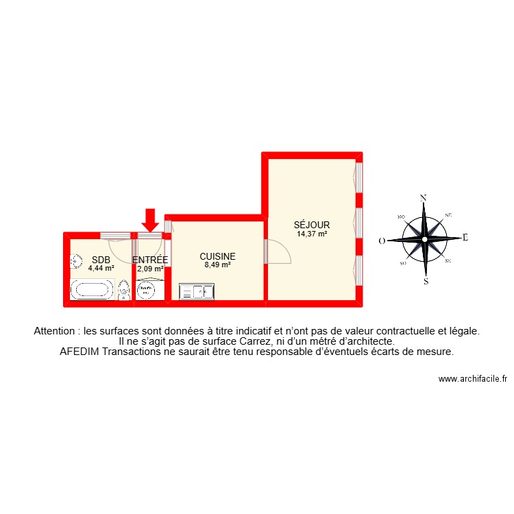 BI 28592. Plan de 4 pièces et 29 m2