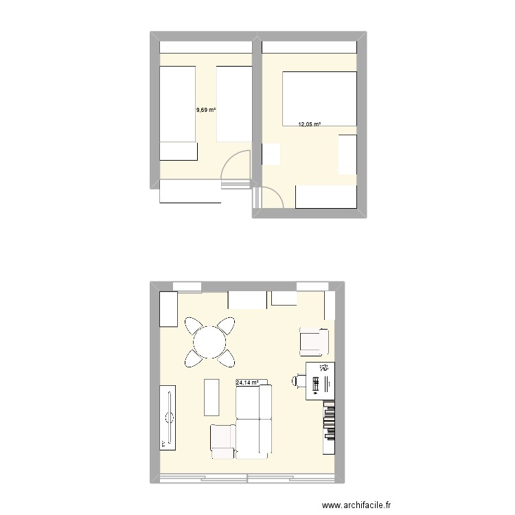 Chambres appart. Plan de 3 pièces et 46 m2