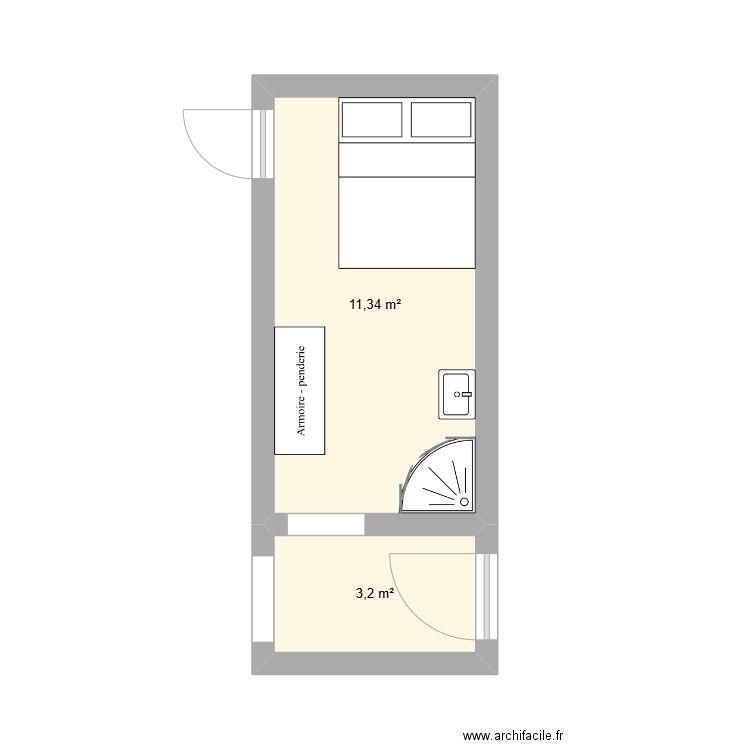 Chambre d'amis. Plan de 2 pièces et 15 m2