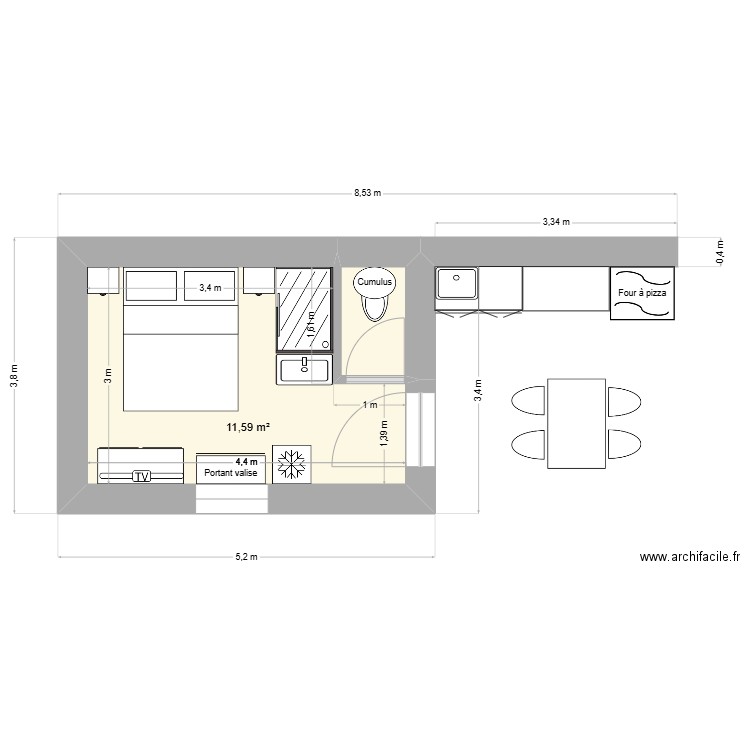Cabane-studio7. Plan de 2 pièces et 13 m2