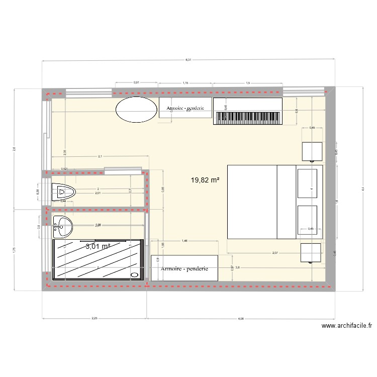 Studio. Plan de 2 pièces et 23 m2