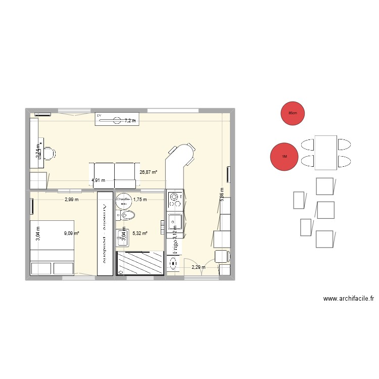 Bibi Marines. Plan de 3 pièces et 41 m2