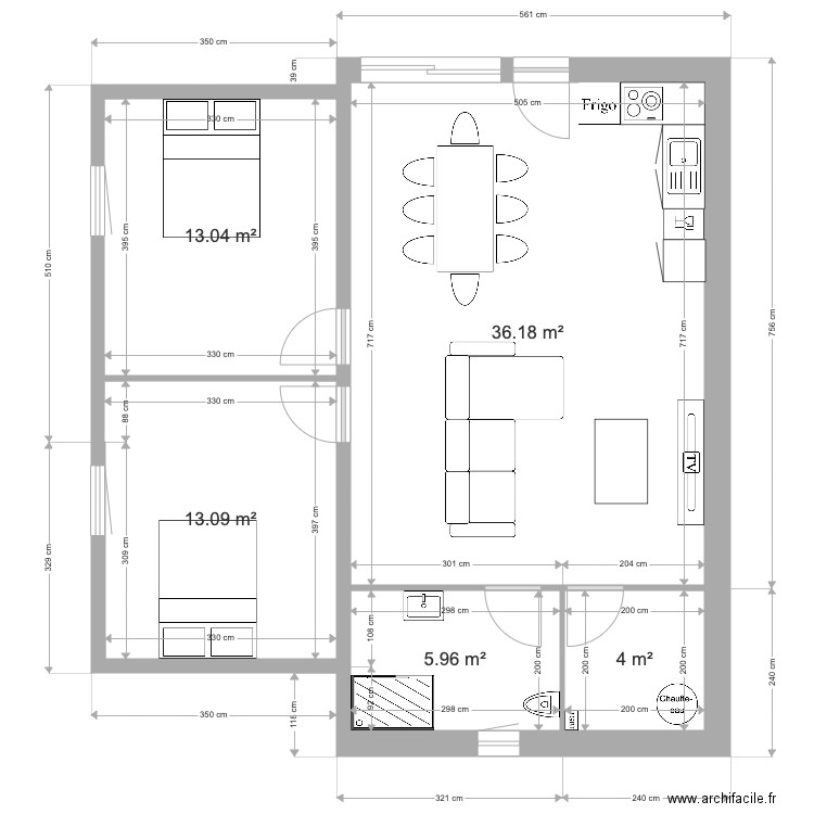 extension. Plan de 5 pièces et 72 m2