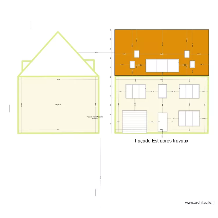 Plan de facade et toiture apr&egrave;s travaux. Plan de 2  et 109 m²