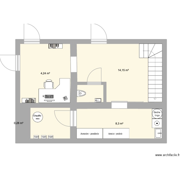Section Barro V3. Plan de 4 pièces et 32 m2