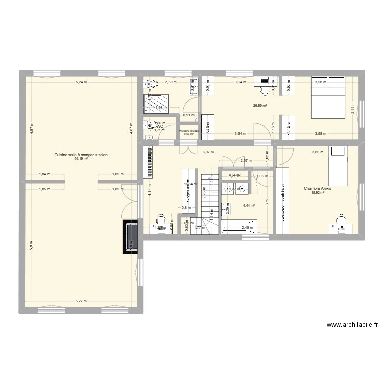 R+1 Jarrosson après rénovation. Plan de 8 pièces et 125 m2