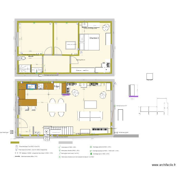 PLANS MAISON cuisine plan de travail visible. Plan de 8 pièces et 189 m2