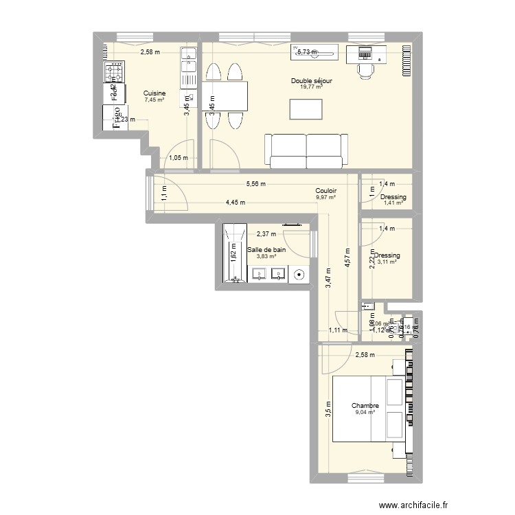 Elodie Long version projet aménagé. Plan de 9 pièces et 56 m2