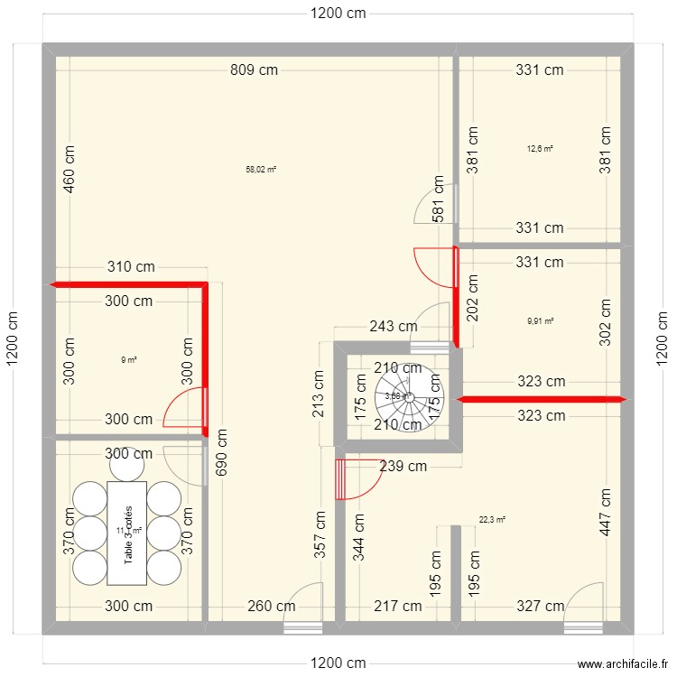 CT2MC_ETAGE_CLOISONS. Plan de 7 pièces et 127 m2