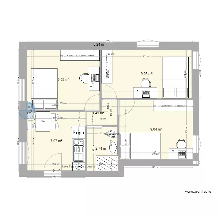 3 chambres 40m2. Plan de 