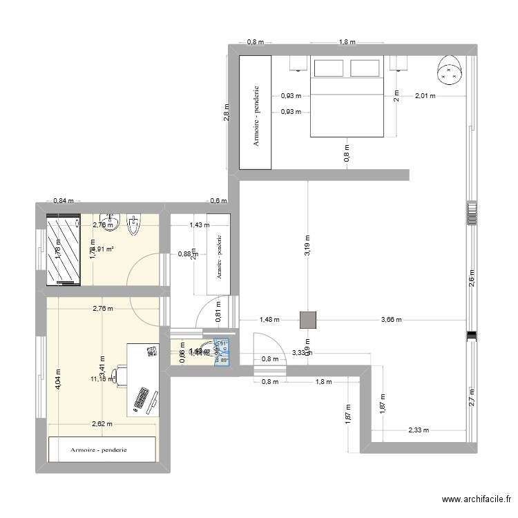 Appartement V2. Plan de 3 pièces et 17 m2