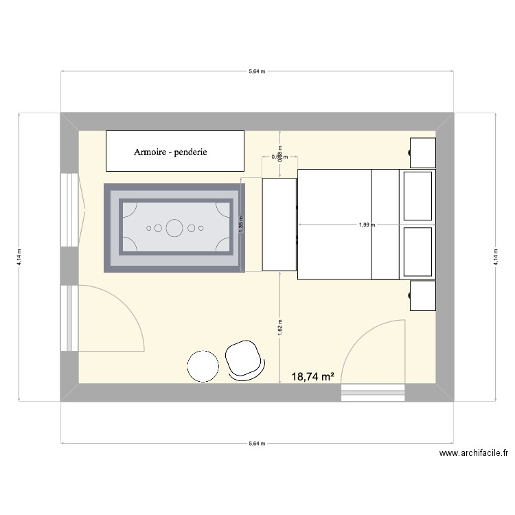 Chambre ALG. Plan de 1 pièce et 19 m2
