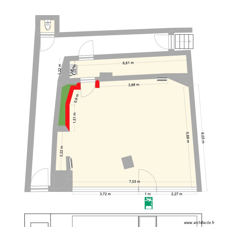 Plan magasin avant travaux. Plan de 6 pièces et 2 m2