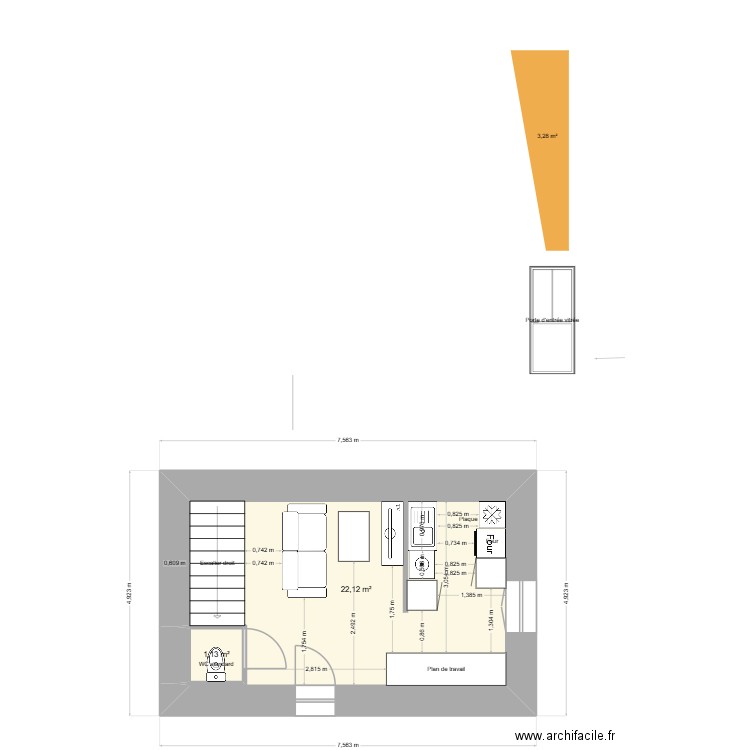 Plan facade logement 1. Plan de 2 pièces et 23 m2