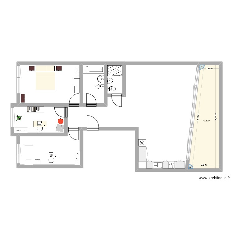 38 Vélodrome - plan meublé. Plan de 1 pièce et 17 m2