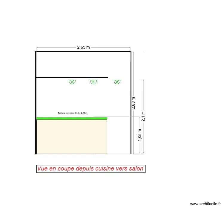 Monaco projet 1 coupe depuis cuisine vers salon. Plan de 