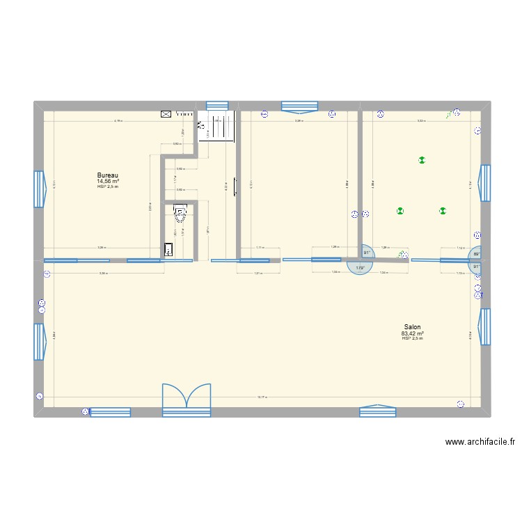 hang. Plan de 2 pièces et 98 m2