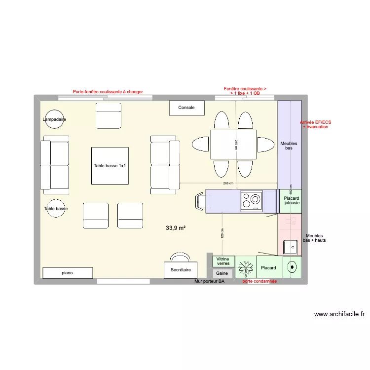 Cuisine ouverte en U + piano. Plan de 