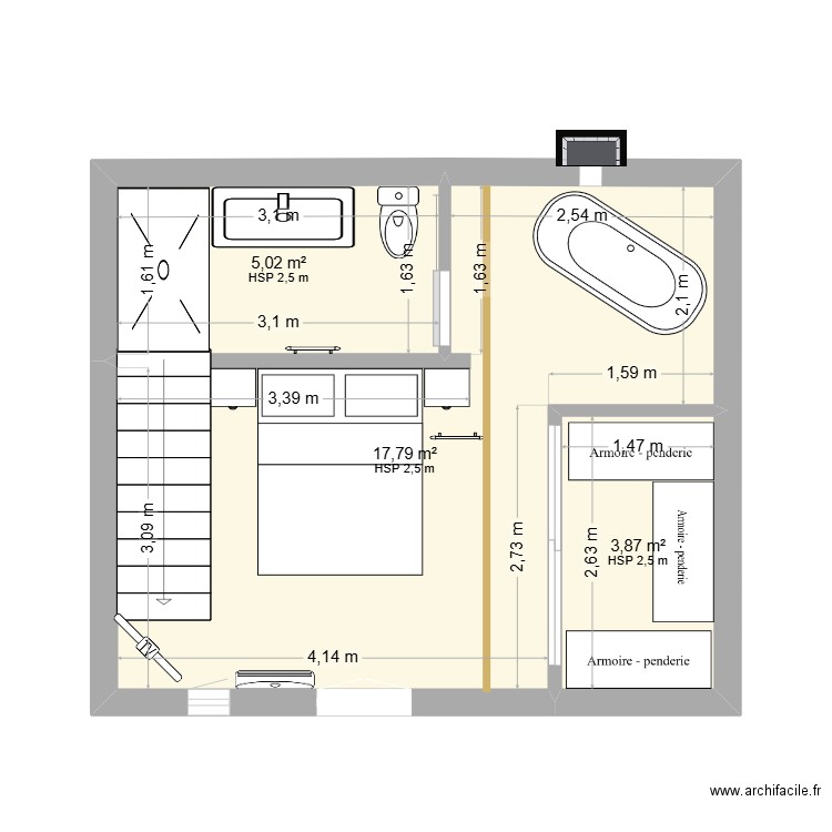 Plan étage 2. Plan de 3 pièces et 27 m2