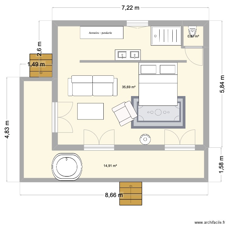 cabane. Plan de 3 pièces et 51 m2