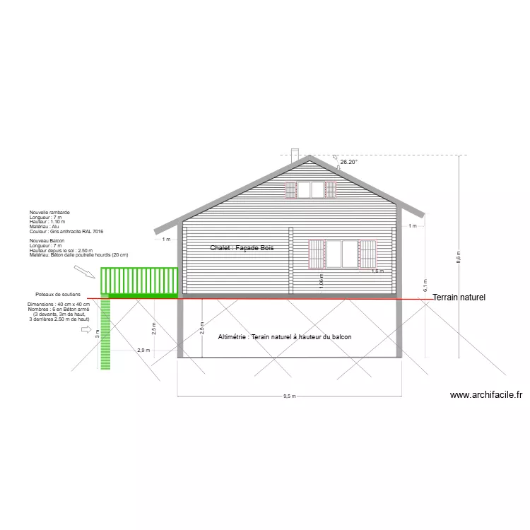 Fa&ccedil;ade  Est chalet avant  travaux. Plan de 