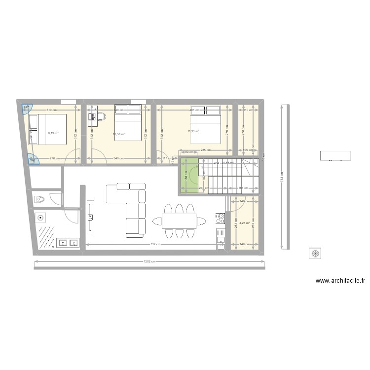Etage R+1. Plan de 5 pièces et 46 m2