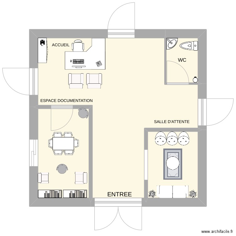Plan du Hall d'accueil (Application 2 - RH). Plan de 4 pièces et 22 m2
