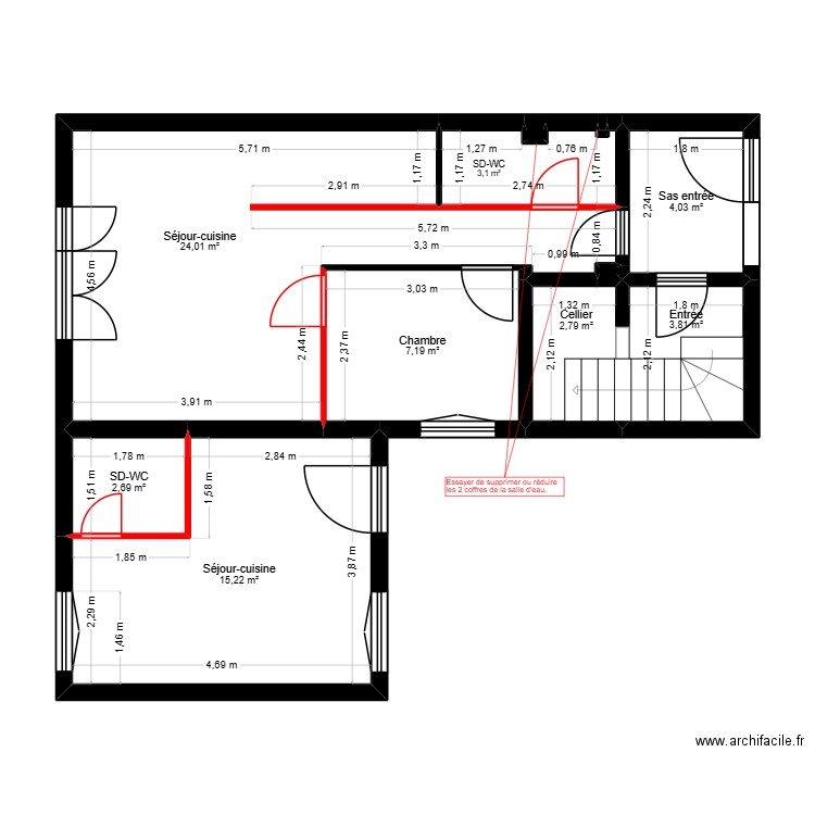 P0.1 PLAN RDC CLOISONS SUPPRIMEES - PROJET SONNEVILLE. Plan de 11 pièces et 63 m2