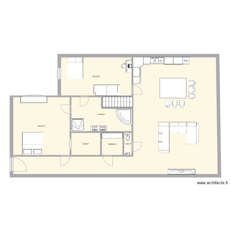 RDC. Plan de 6 pièces et 71 m2