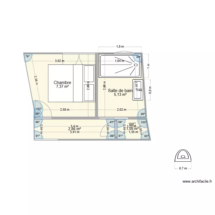 chambre + sdd. Plan de 4 pièces et 17 m²