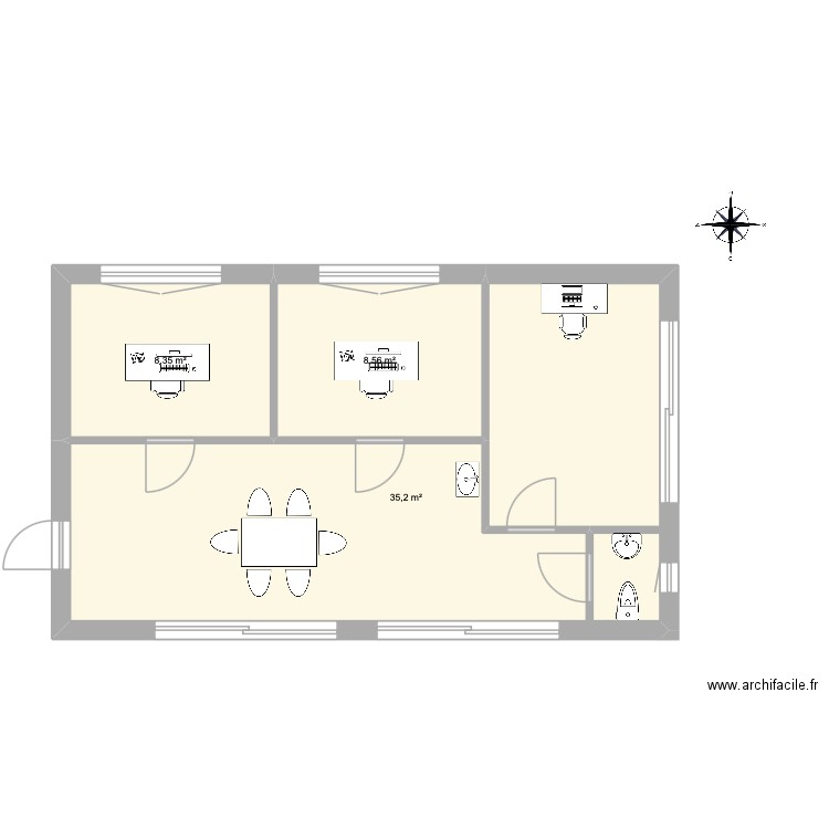 bureau gink. Plan de 3 pièces et 52 m2