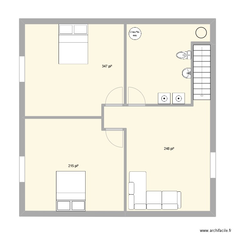 Sous Sol après. Plan de 3 pièces et 75 m2
