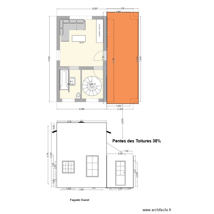 Façade Ouest. Plan de 6 pièces et 48 m2