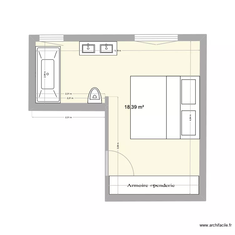 Chambre + SDB Lully. Plan de 1  et 18 m²