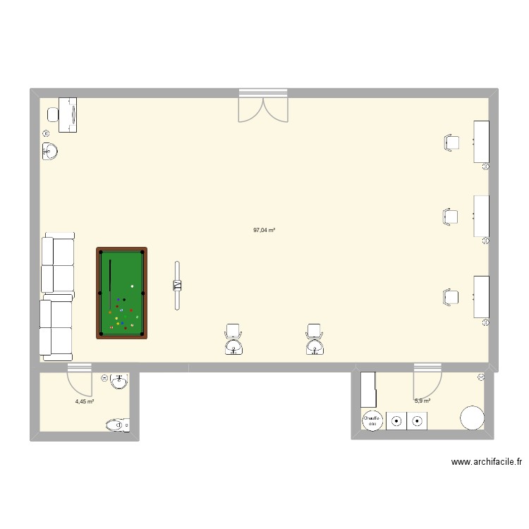 barbershop de reve. Plan de 3 pièces et 107 m2
