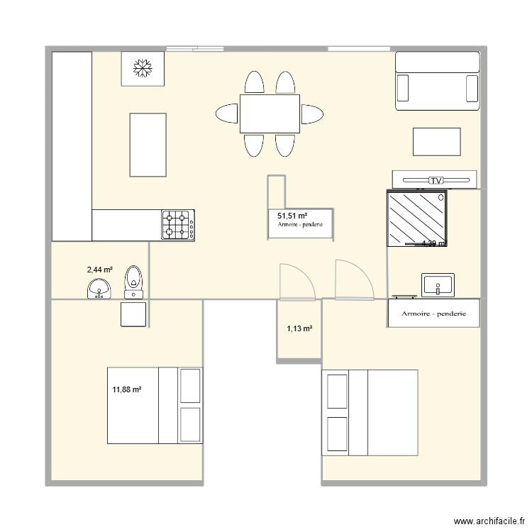 appartement. Plan de 5 pièces et 71 m2