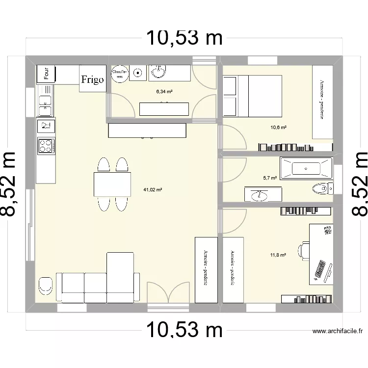 avec buanderie. Plan de 5  et 75 m²