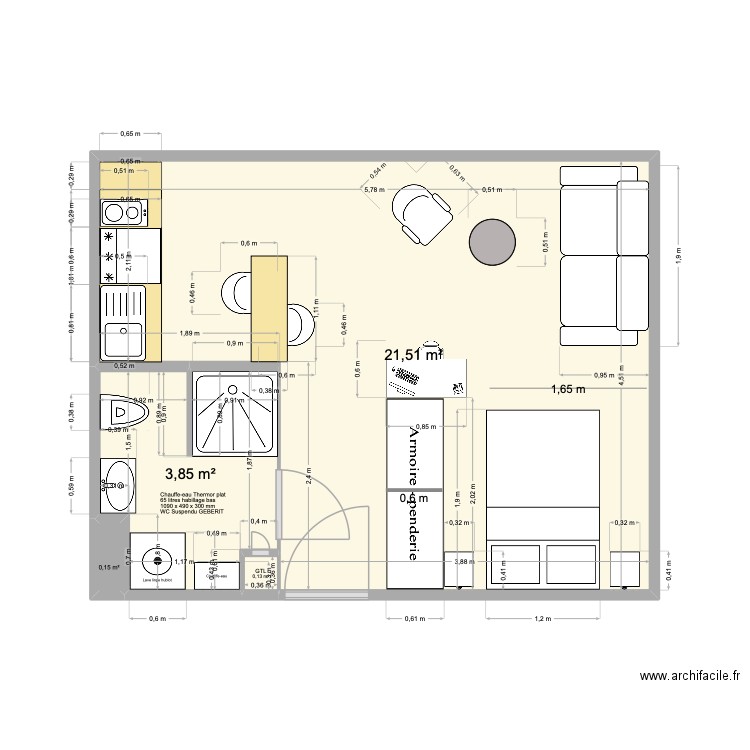 SDB Studio 7 PND V2. Plan de 4 pièces et 26 m2
