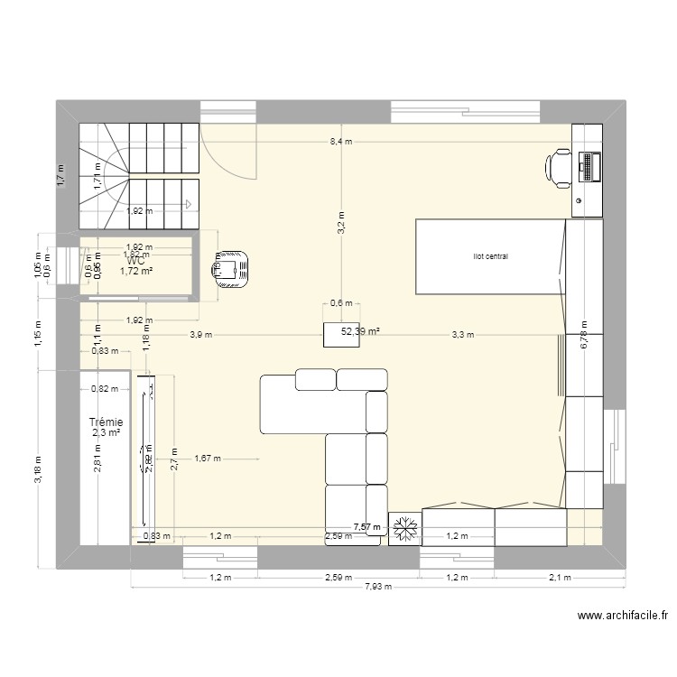 r1 turriers. Plan de 3 pièces et 56 m2