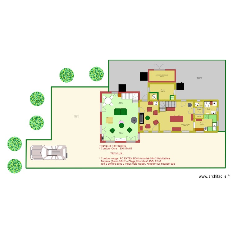 PLAN  EXISTANT  EXTENSION 31m2 + 23m2 CH. Etage 2. Plan de 13 pièces et 320 m2