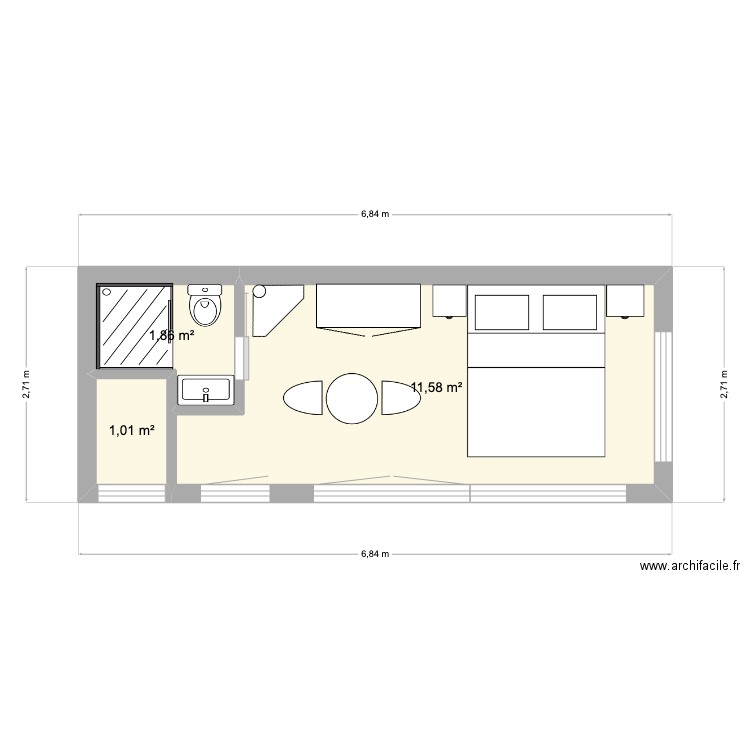 cabane vitree. Plan de 3 pièces et 14 m2