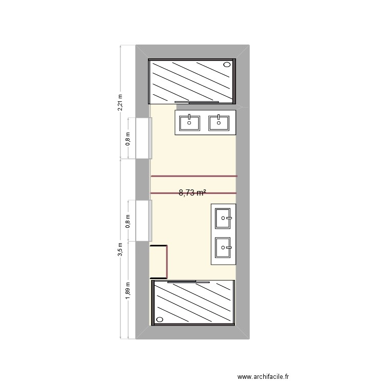 bains. Plan de 1 pièce et 9 m2