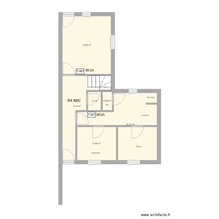 111 RDC. Plan de 6 pièces et 47 m2