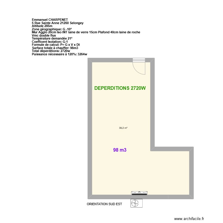 CHARPENET. Plan de 1 pièce et 39 m2