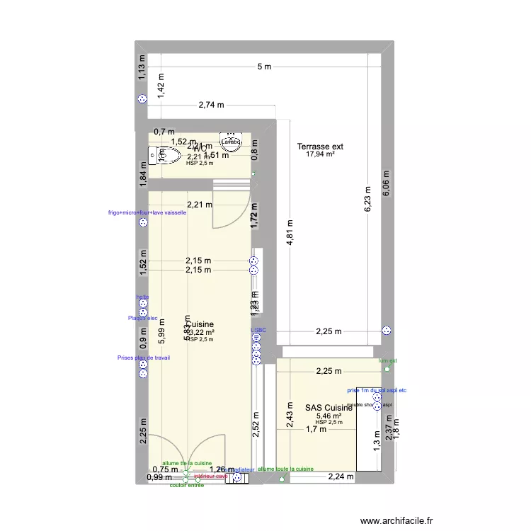 Cuisine + Terrasse + WC - RDC. Plan de 4  et 39 m²
