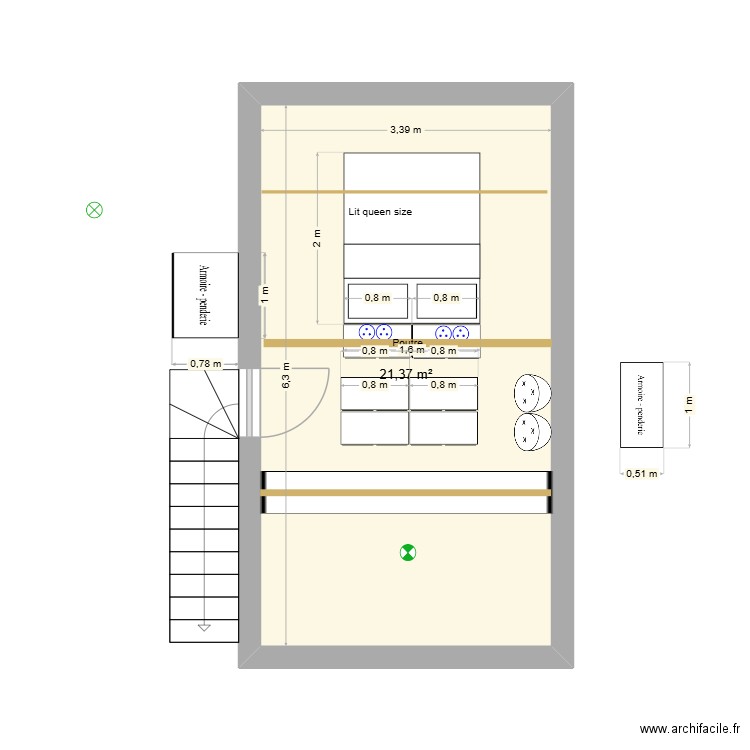 chambre parents. Plan de 1 pièce et 21 m2