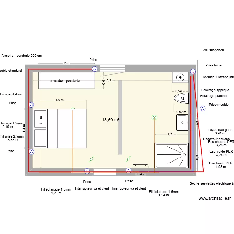 CHAMBRE. Plan de 1 et 19 m² CHAMBRE. Plan de 1 et 19 m²