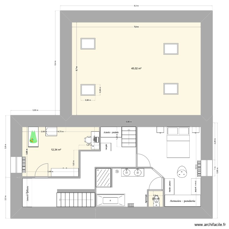 Etage. Plan de 3 pièces et 58 m2