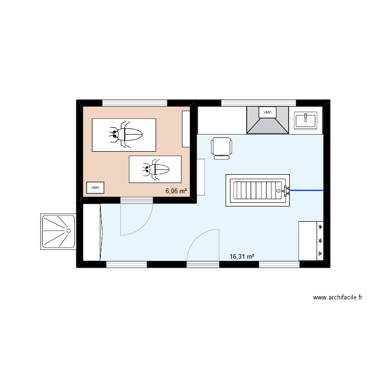 labo vraies dimensions. Plan de 2 pièces et 22 m2